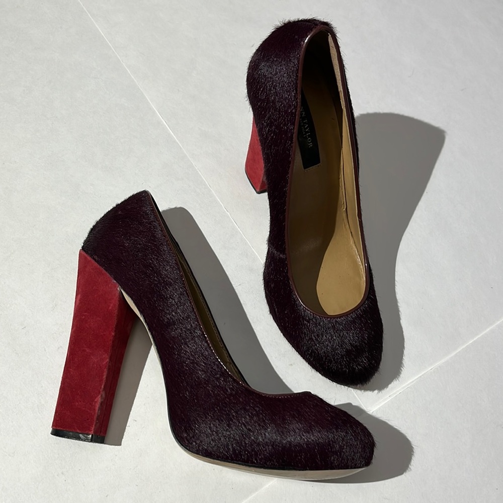 ANN TAYLOR | Calf Hair Pumps | Sz 7M | BURGUNDY Uppers | Brick Red Heel |